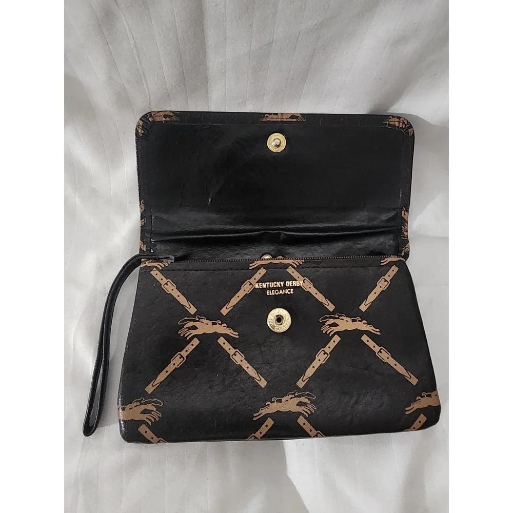 Kentucky Derby Elegance Wristlet Wallet Black Equestrian Horse Print Kiss Lock